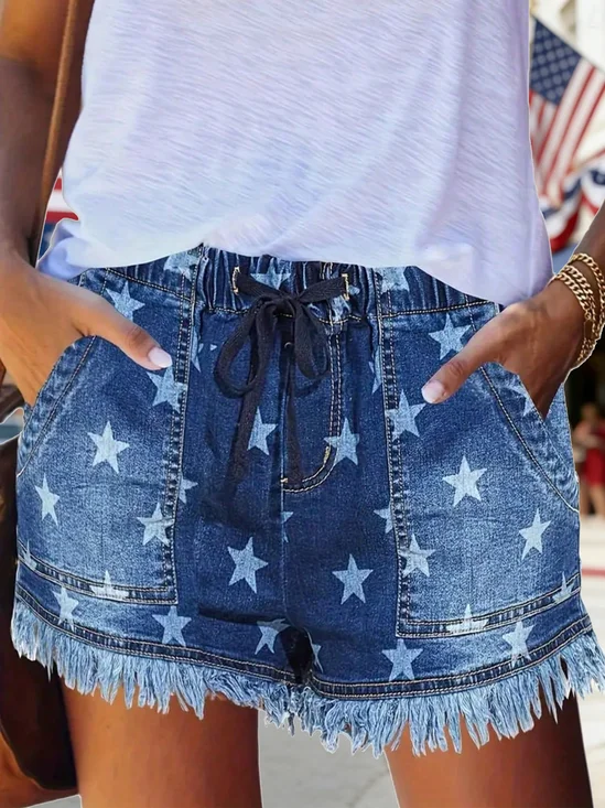 Independence Day Star Printed Denim Blue Straight Leg  Fake Fly  Elastic Waist Shorts