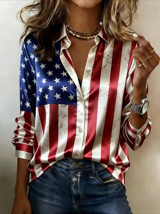 Women's USA 250th Anniversary Long Sleeve Shirt Spring/Fall As Picture America Flag Shawl Collar Daily Going Out Casual Top
