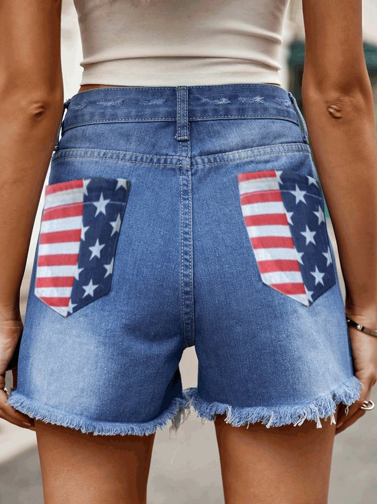American Flag Denim Blue Straight Leg Button Fly Shorts