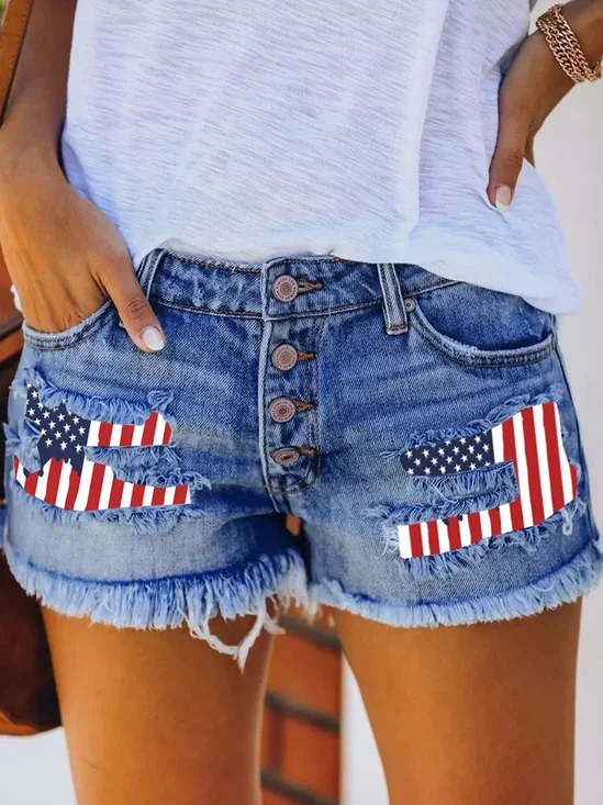 American Flag Denim Blue Straight Leg Button Fly Going Out Casual Shorts