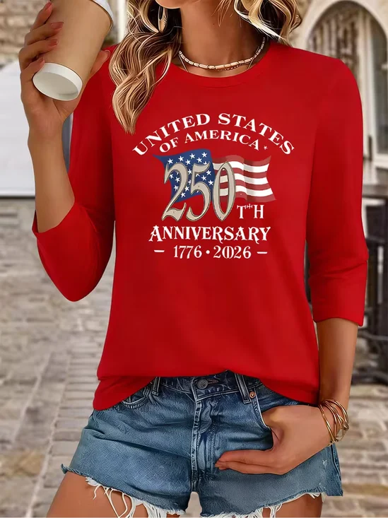 Women's USA 250th Anniversary Long Sleeve T-shirt Spring/Fall Red America Flag Printing Jersey Crew Neck Daily Going Out Casual Top