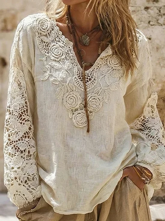 Lace Block Casual Plain V Neck Going Out Boho Top