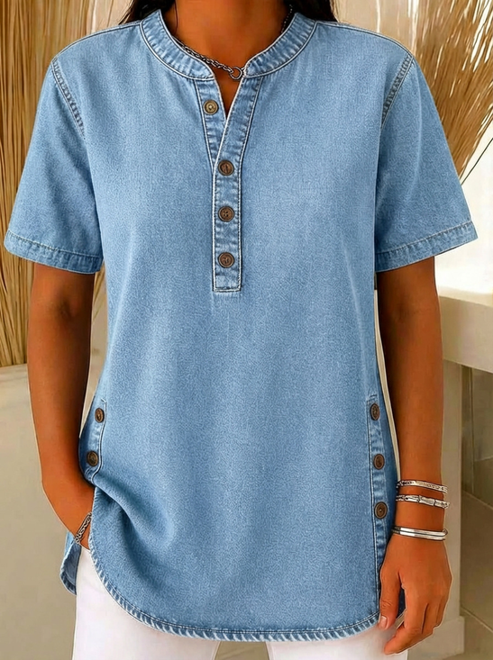 Plain Denim Look/Denim Effect Crew Neck Button Short Sleeve Spring/Summer Going Out Casual Blouse