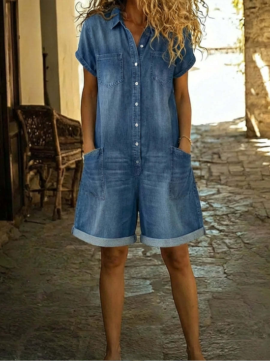 Denim Shawl Collar Short Sleeve Shirt Pocket Spring/Summer Going Out Jumpsuit Shorts