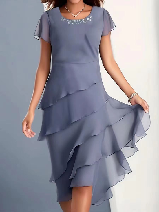 Plain Crew Neck Regular Fit Simple Dress With No