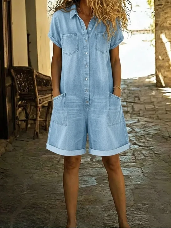 Denim Shawl Collar Short Sleeve Shirt Pocket Spring/Summer Going Out Jumpsuit Shorts
