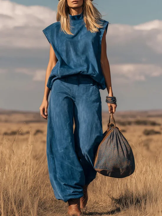 Suede Western Style Sleeveless Crew Neck Top With Wide Leg Pants Spring Summer Going Out Two-Piece Set