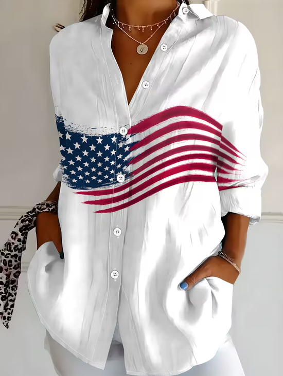 Women's Long Sleeve Shirt Spring/Fall White America Flag Buckle Shirt Collar Regular Sleeve Daily Going Out Casual Top