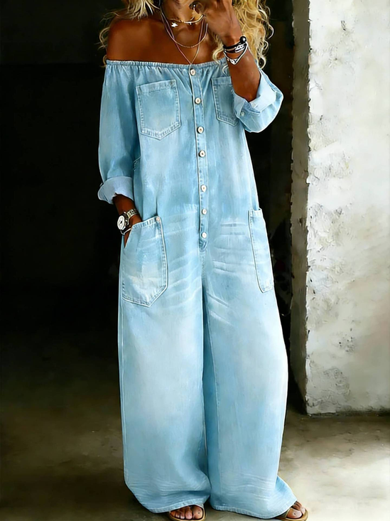 Washed Denim Look  Off The Shoulder Button Pocket Spring  Going Out Casual Jumpsuit