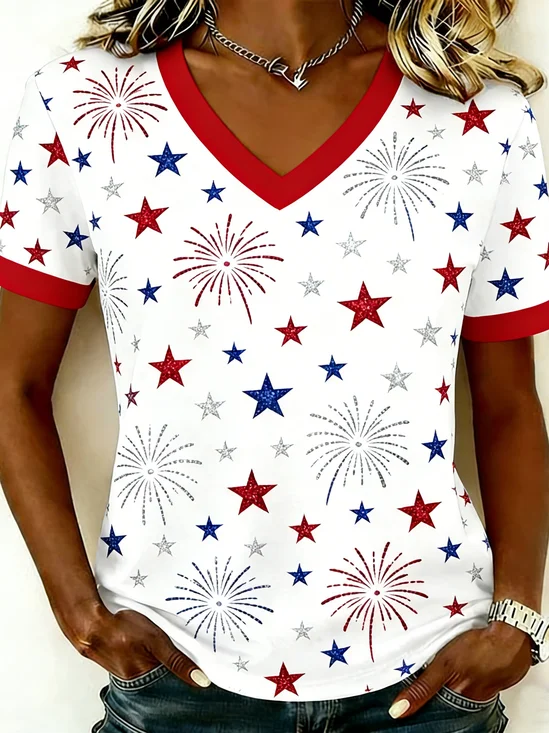 Women's 250th Anniversary Of The Founding Of the United States Short Sleeve V Neck 3D Printing Star Independence Day Daily Going Out Casual T-Shirt