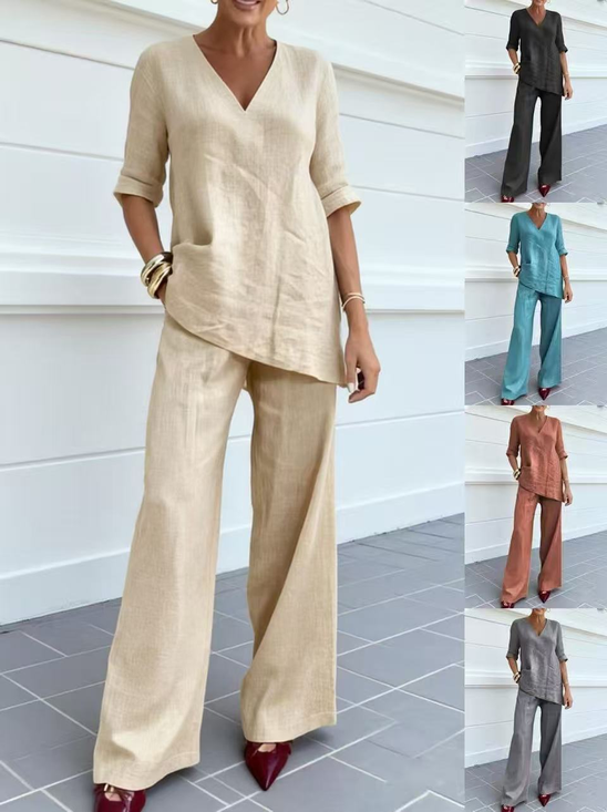 Cotton Linen V Neck Short Sleeve Top With Pants Spring Summer Casual Two-Piece Set