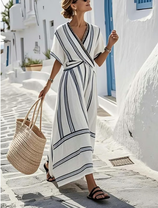 Abstract Stripe Cross V-neck Design Short  Sleeve Summer Going Out  Boho Maxi Dress