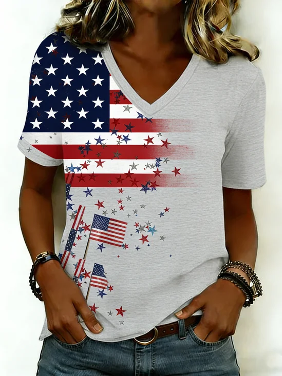 Women's 250th Anniversary Of The Founding Of the United States Short Sleeve V Neck 3D Printing Star America Flag Daily Going Out Casual T-Shirt