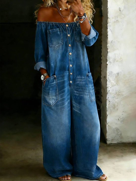 Washed Denim Look  Off The Shoulder Button Pocket Spring  Going Out Casual Jumpsuit