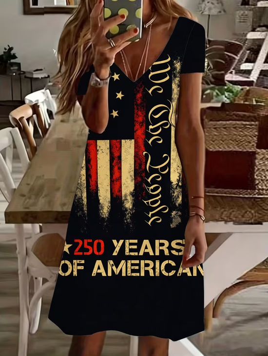 Women's Short Sleeve Summer Black America Flag V Neck Daily Going Out Casual Midi A-Line Fit & Flare Dress Dress
