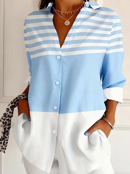 Women's Long Sleeve Shirt Spring/Fall Blue Striped Buckle Shirt Collar Regular Sleeve Daily Going Out Casual Top