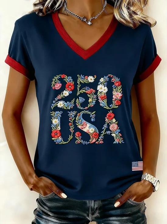 Women's Short Sleeve T-shirt Summer Black Independence Day (Flag) Printing V Neck Holiday Going Out Vintage Top