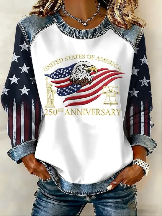 Women's American Independence Day Print Patchwork Denim Crewneck Long-Sleeved Sweatshirt