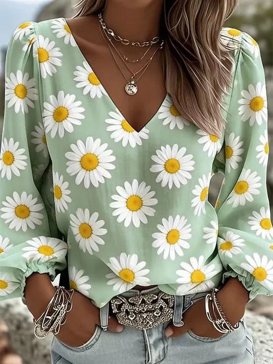 Women's Long Sleeve Blouse Spring/Fall Green Floral Printing V Neck Daily Going Out Casual Top