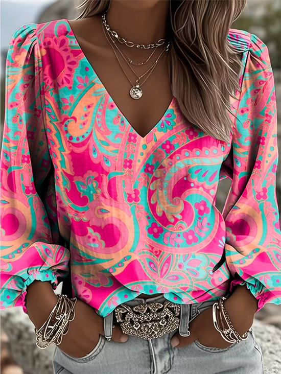 Women's Blouse Summer Pink Paisley Printing V Neck Daily Going Out Casual Top
