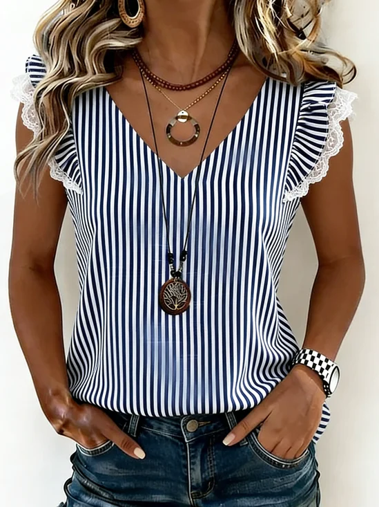 Striped V Neck Casual Loose Tank Top