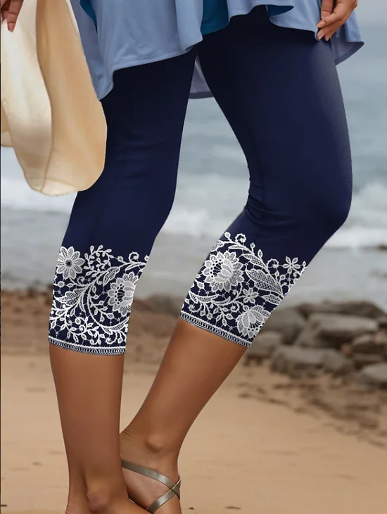 Women's  Elastic Waist H-Line Legging Daily Going Out Pants Purplish Blue Casual Printing Floral Summer Pants