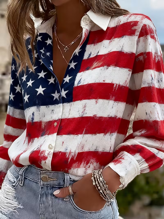 Women's Long Sleeve Shirt Spring/Fall As Picture America Flag Buckle Shirt Collar Regular Sleeve Daily Going Out Casual Top