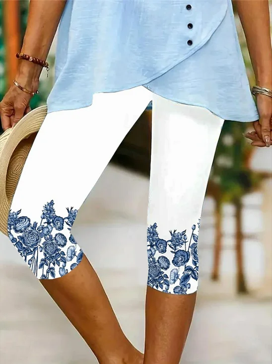 Women's  Elastic Waist H-Line Legging Daily Going Out Pants White Casual Printing Floral Summer Pants