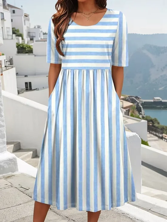 Women's Short Sleeve Summer Blue Striped Printing Crew Neck Daily Going Out Casual Maxi H-Line Shift Dress Dress