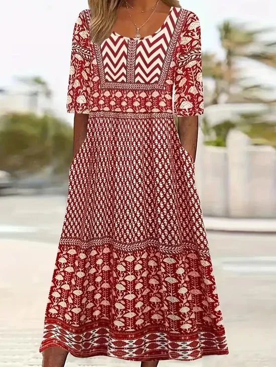 Women's Short Sleeve Summer Red Abstract Graphic Printing Crew Neck Daily Going Out Casual Maxi H-Line Shift Dress Dress