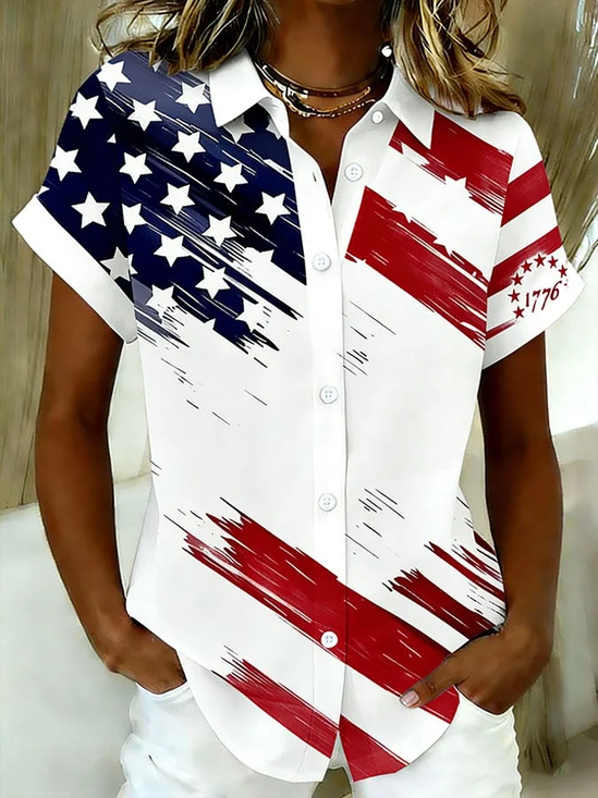 Women's Short Sleeve Shirt Summer White America Flag Printing Shirt Collar Daily Going Out Casual Top