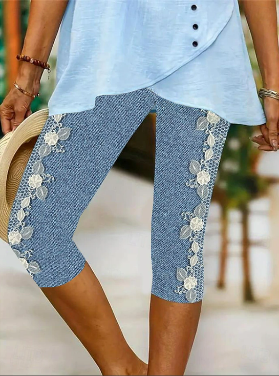 Women's  Elastic Waist H-Line Legging Daily Going Out Pants Blue Casual Printing Floral Summer Pants