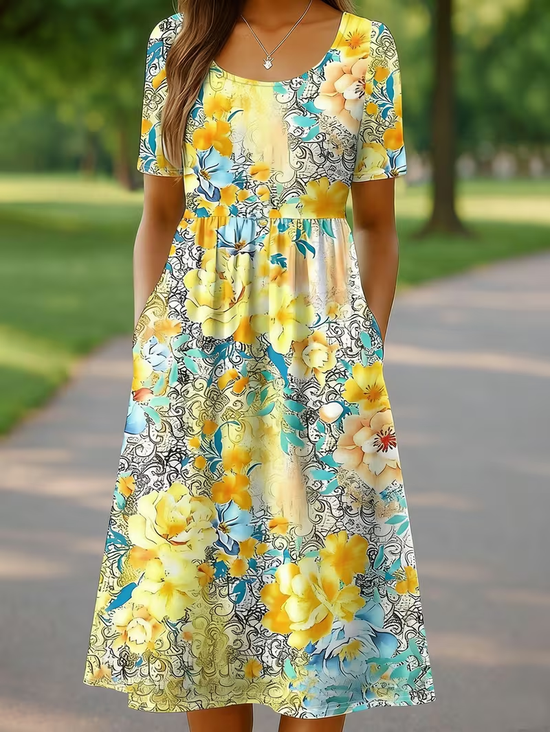 Women's Short Sleeve Summer Yellow Floral Printing Crew Neck Daily Going Out Casual Maxi H-Line Shift Dress Dress