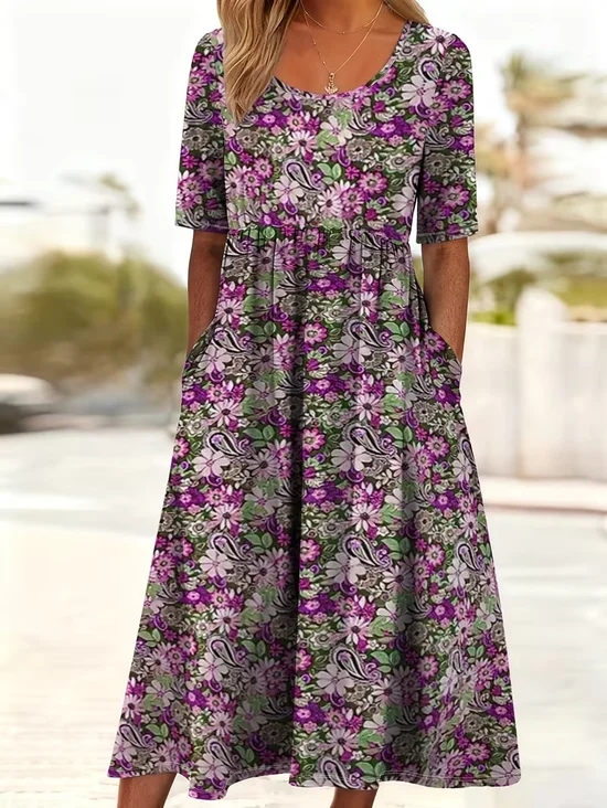 Women's Short Sleeve Summer Purple Floral Printing Crew Neck Daily Going Out Casual Maxi H-Line Shift Dress Dress