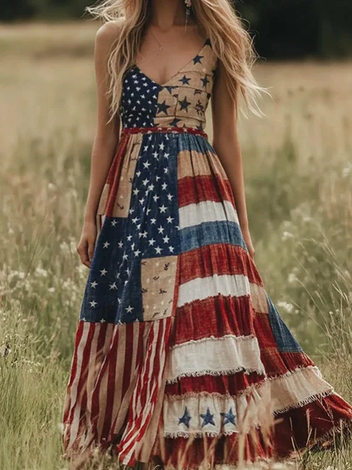 Women America Flag Summer Dress V Neck Sleeveless A-Line Dress