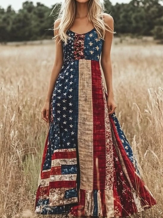 Women America Flag Summer Dress V Neck Sleeveless A-Line Dress