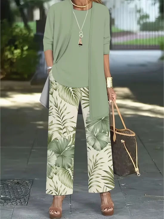 Women's Printing Plants Daily Going Out Matching Outfit Green Casual Spring/Fall Multi-Piece Set Matching Set