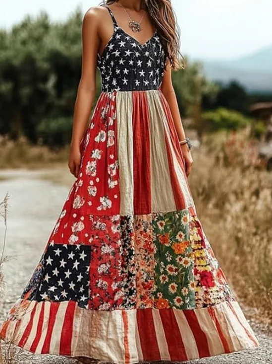 Women Floral America Flag Summer Dress V Neck Sleeveless A-Line Dress