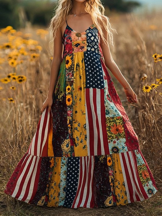 Women Floral Summer Dress America Flag Linen Look V Neck Sleeveless A-Line Dress