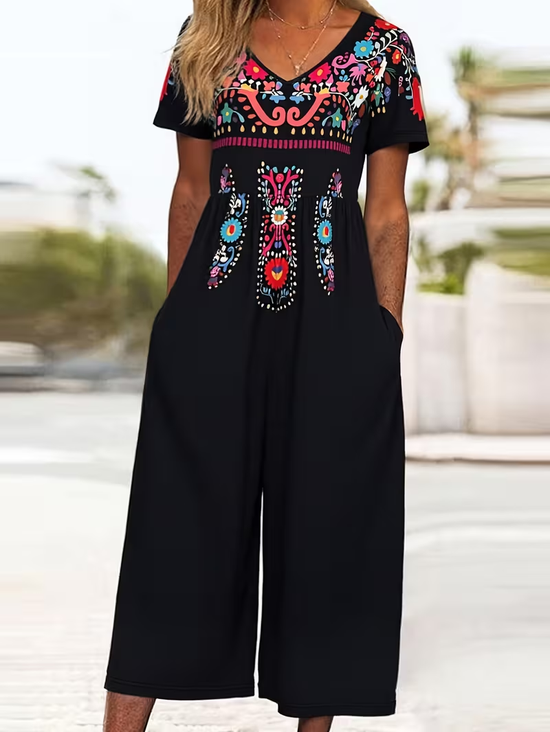 Women's H-Line V Neck Daily Going Out Casual Printing Ethnic Summer Ankle Pants Jumpsuit Romper