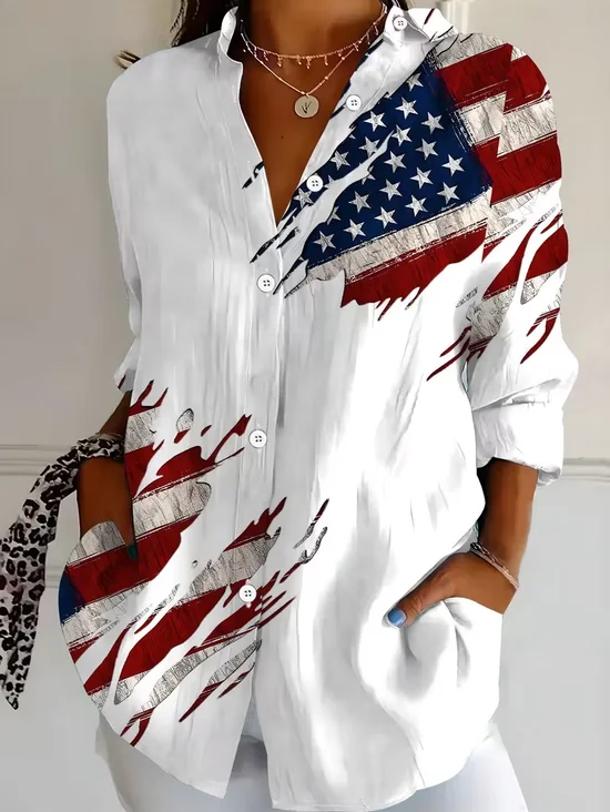 Women's Long Sleeve Shirt Spring/Fall White America Flag Buckle Shirt Collar Regular Sleeve Daily Going Out Casual Top