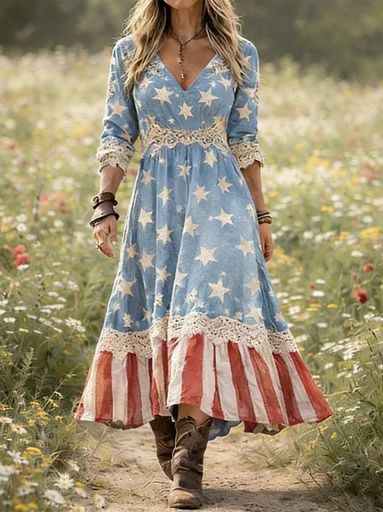 Women Lace Patchwork America Flag Spring Summer Dress  Star Stripe V Neck A-Line Vintage Maxi Dress