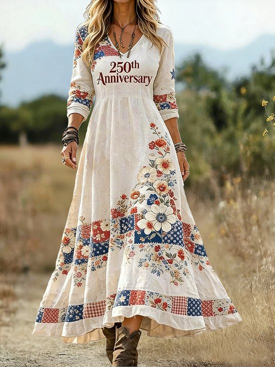 Women  America Flag Spring Summer Dress Floral V Neck A-Line 250th Anniversary Letter Pattern Vintage Maxi Dress
