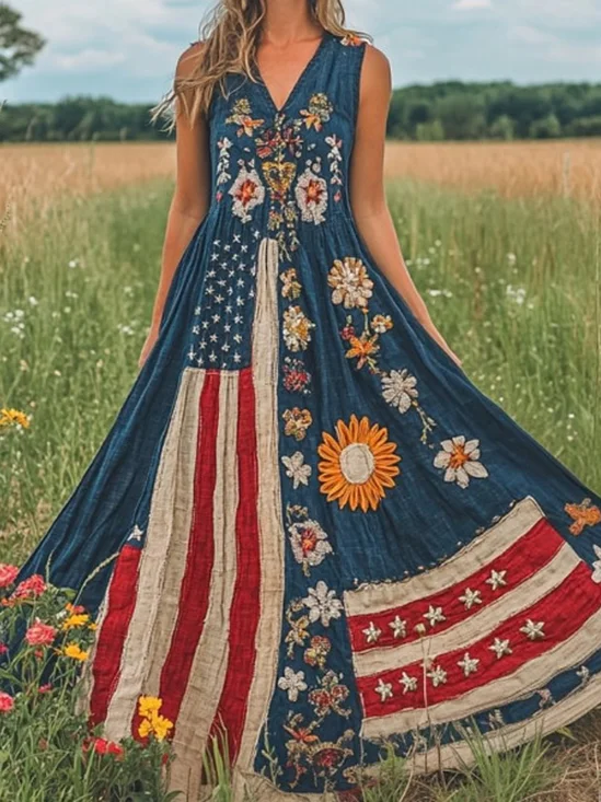 Women Floral Summer Dress  America Flag V Neck Sleeveless A-Line Dress