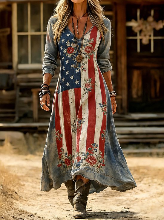 Women America Flag Spring  Summer Dress V Neck  A-Line Boho Maxi Dress