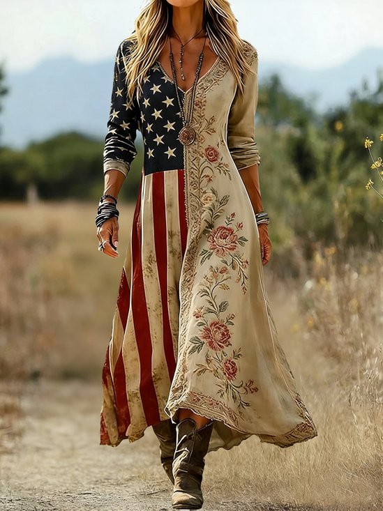 Women Floral V Neck Vintage America Flag Spring Summer  A-Line Maxi Dress