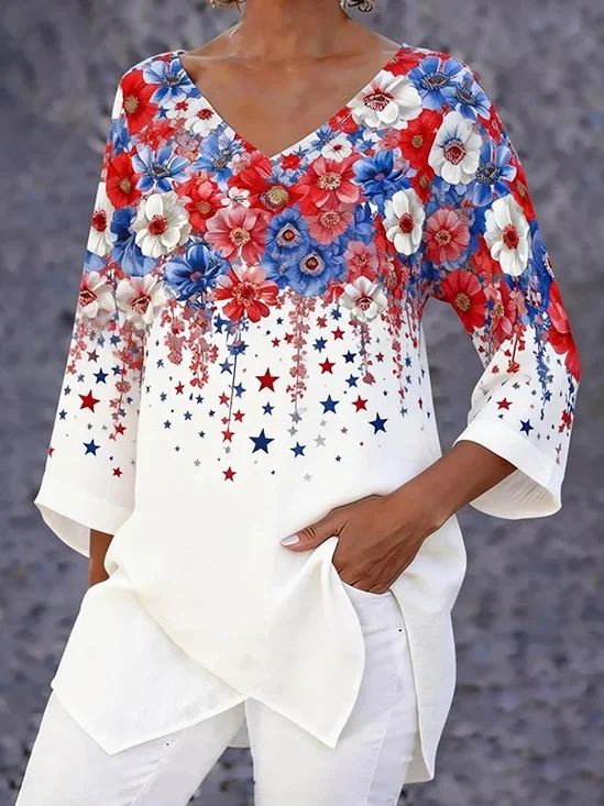 Women's Loose V-Neck Design With 3/4 Sleeves