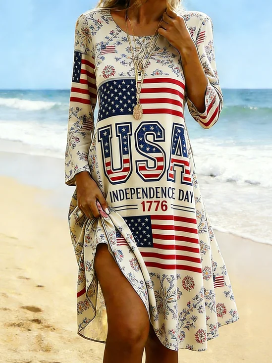 Women Floral Summer Dress America Flag Crew Neck 250th Anniversary Dress