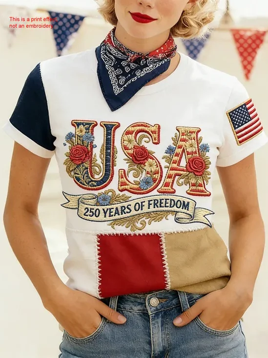 Color Block Jersey America Flag USA Letter Print Floral Vintage Crew Neck T-Shirt
