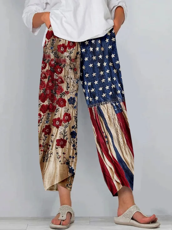 Women 3D Printing Floral  America Flag Casual Harem Pants